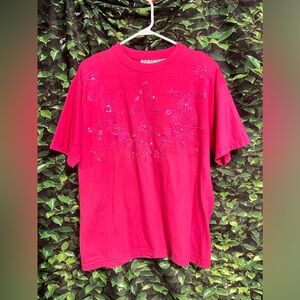 Vintage 90's Sequin Floral T Shirt By Priority Shoulder Pads Hot Pink Womens S